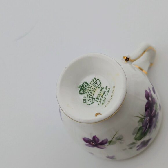 Ansley Fine Bone China Demitasse Cup & Saucer Set Violette Floral Design Gold Tr - Picture 10 of 11